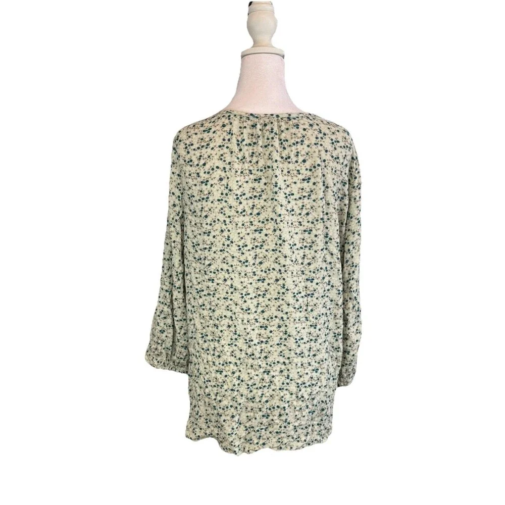 Sonoma Goods Blouse Size M Blue Floral Rayon Shirred Y-neck Balloon Sleeve NWT